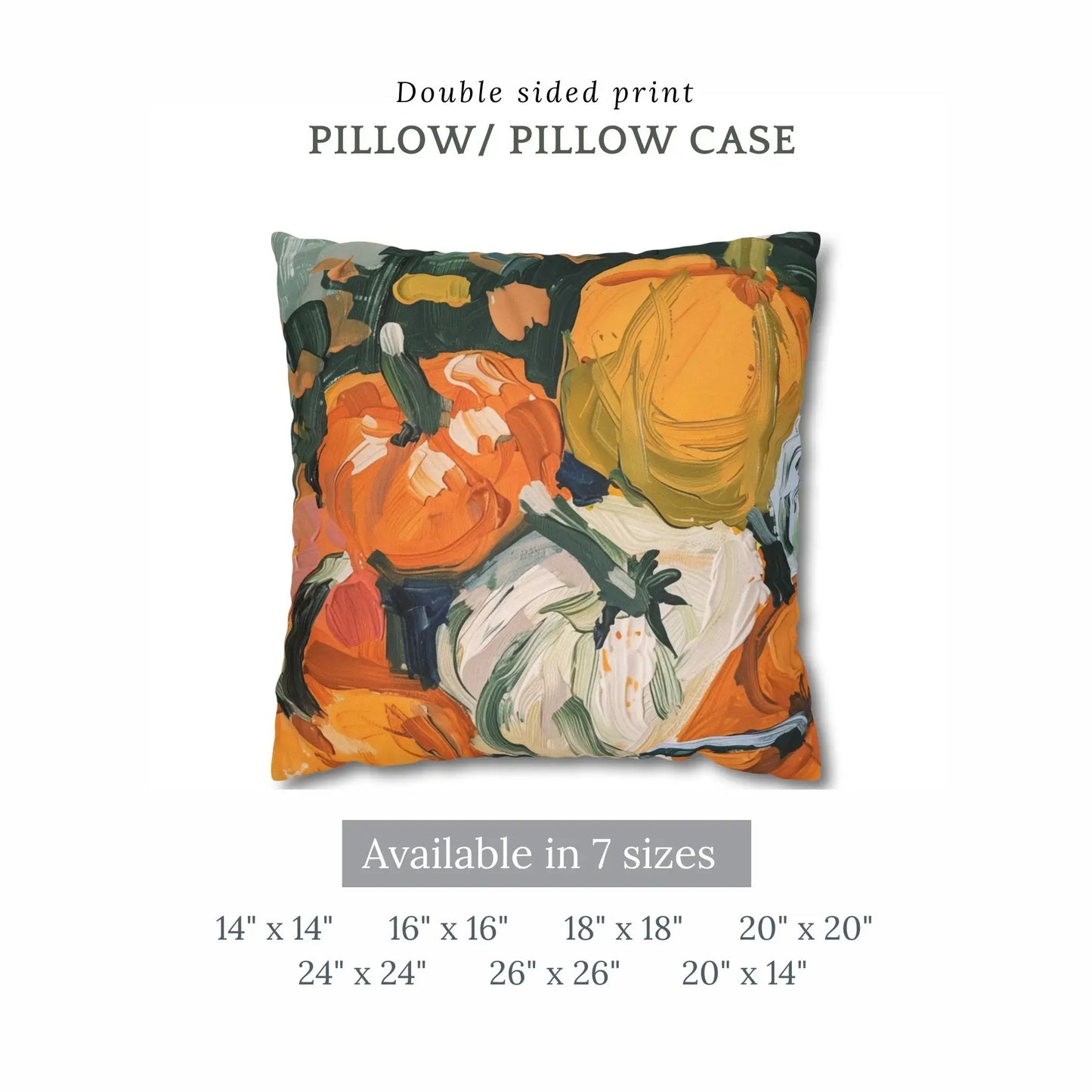 Pumpkins fall pillow cover with vibrant brushstroke design, ideal for autumn decor, available in multiple sizes.