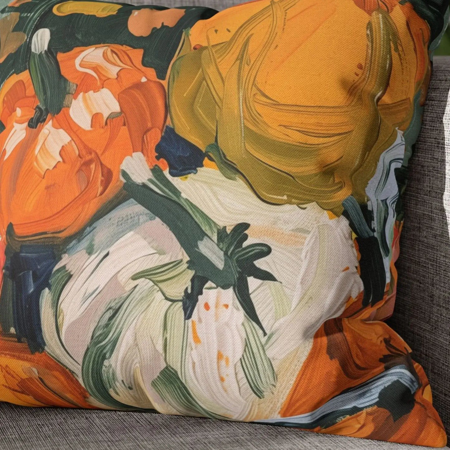 Pumpkins fall pillow cover with vibrant brushstroke design in warm autumn colors on decorative cushion.