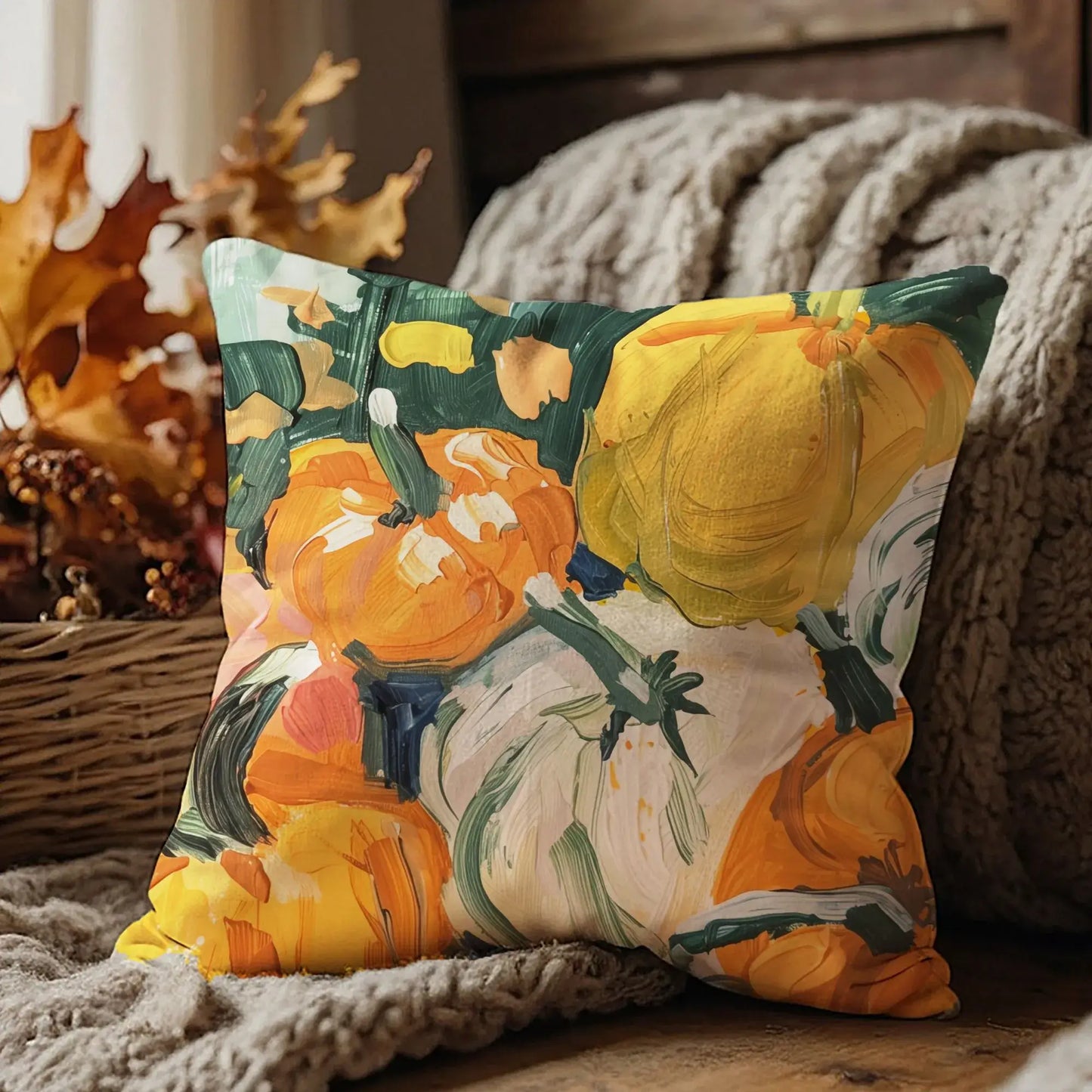 Pumpkins fall pillow cover with vibrant brushstroke design, perfect for rustic Thanksgiving decor.