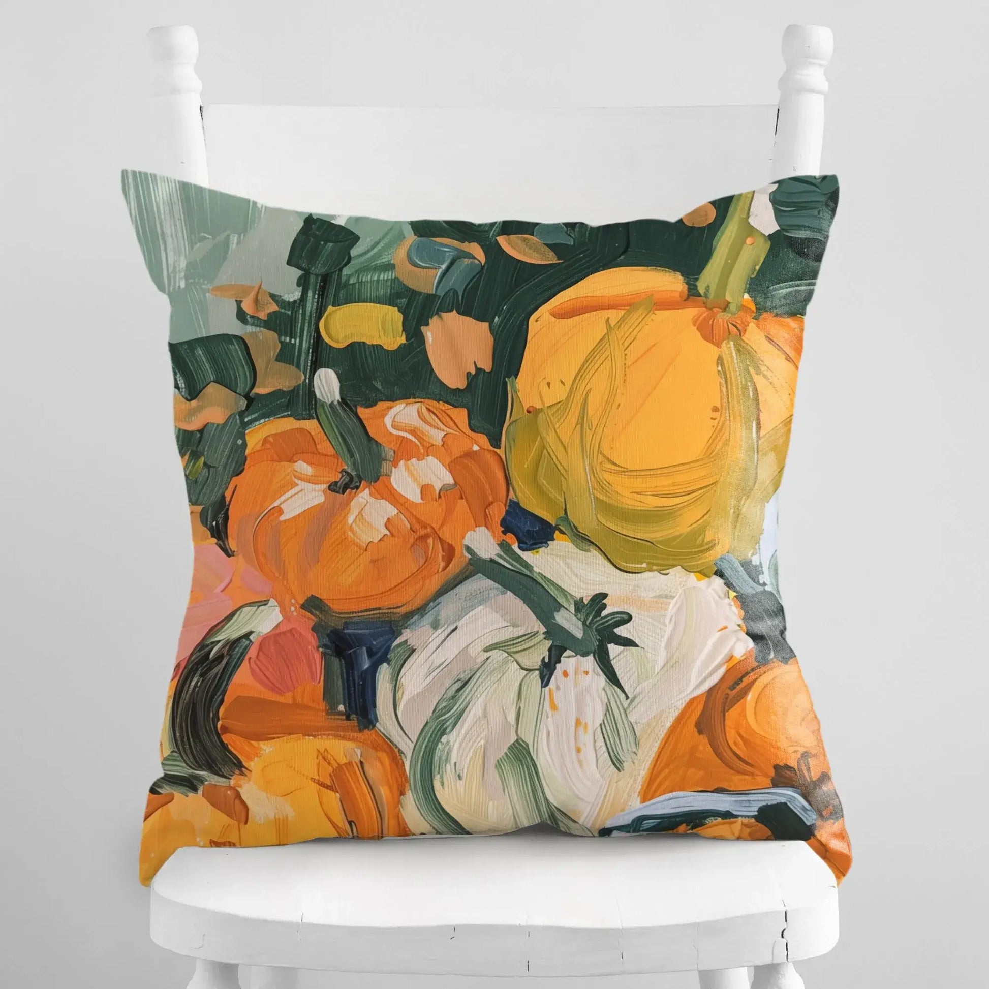 Pumpkins fall pillow cover featuring vibrant brushstroke design on cozy cushion for autumn decoration.