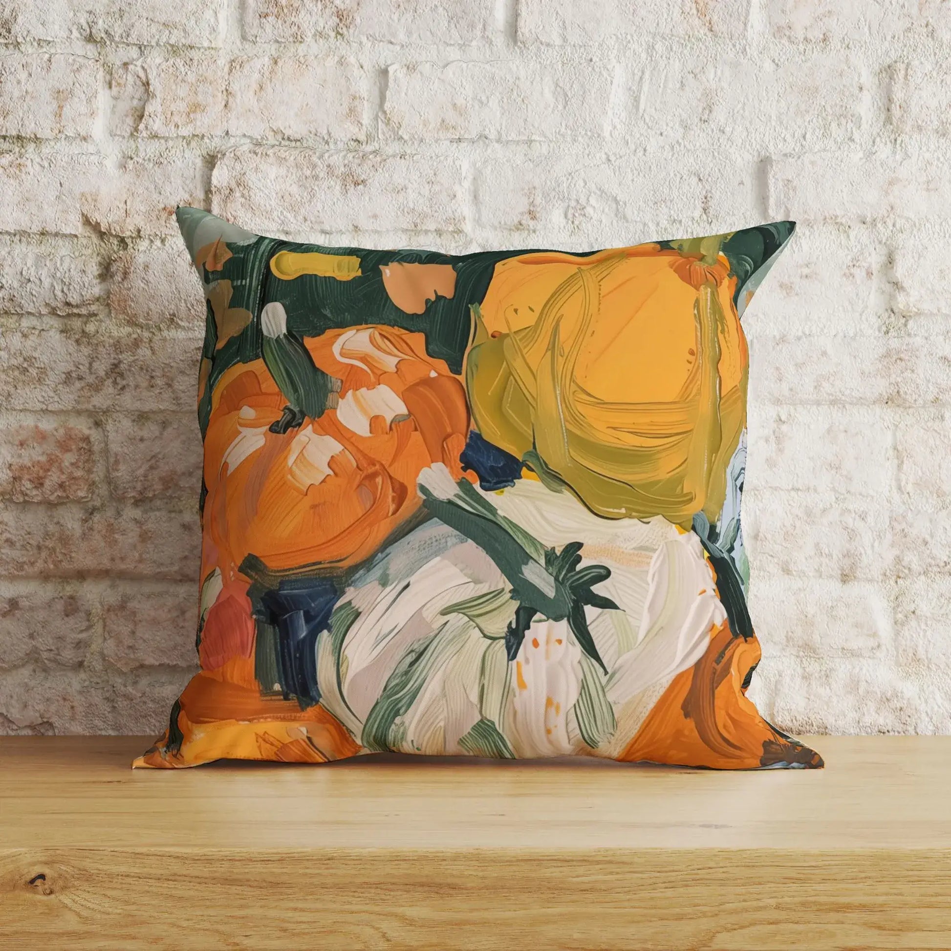 Pumpkins fall pillow cover featuring a vibrant brushstroke design of colorful pumpkins for rustic Thanksgiving decor.