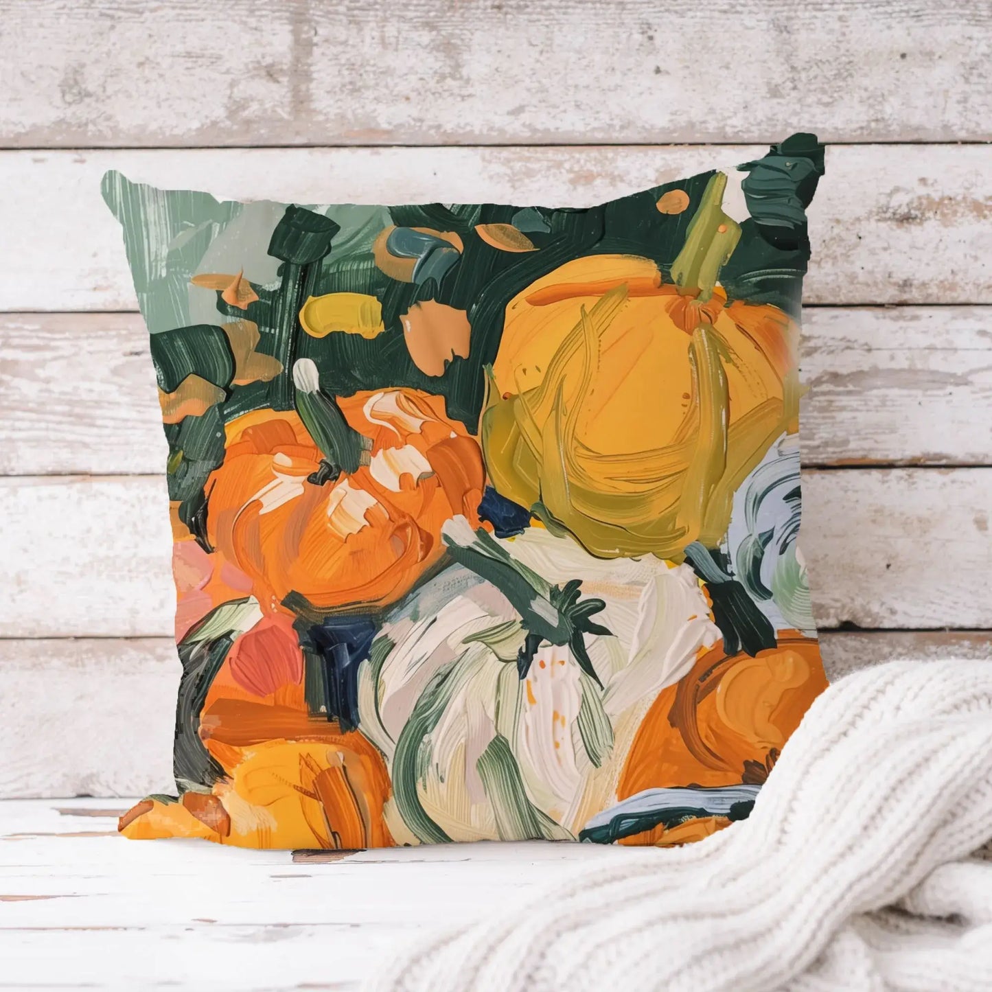 Pumpkins fall pillow cover featuring a colorful brushstroke design, perfect for rustic fall decor.