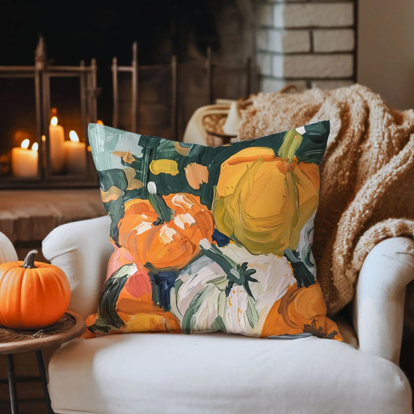 Pumpkins fall pillow cover featuring a colorful brushstroke design, perfect for autumn decor and cozy Thanksgiving settings.