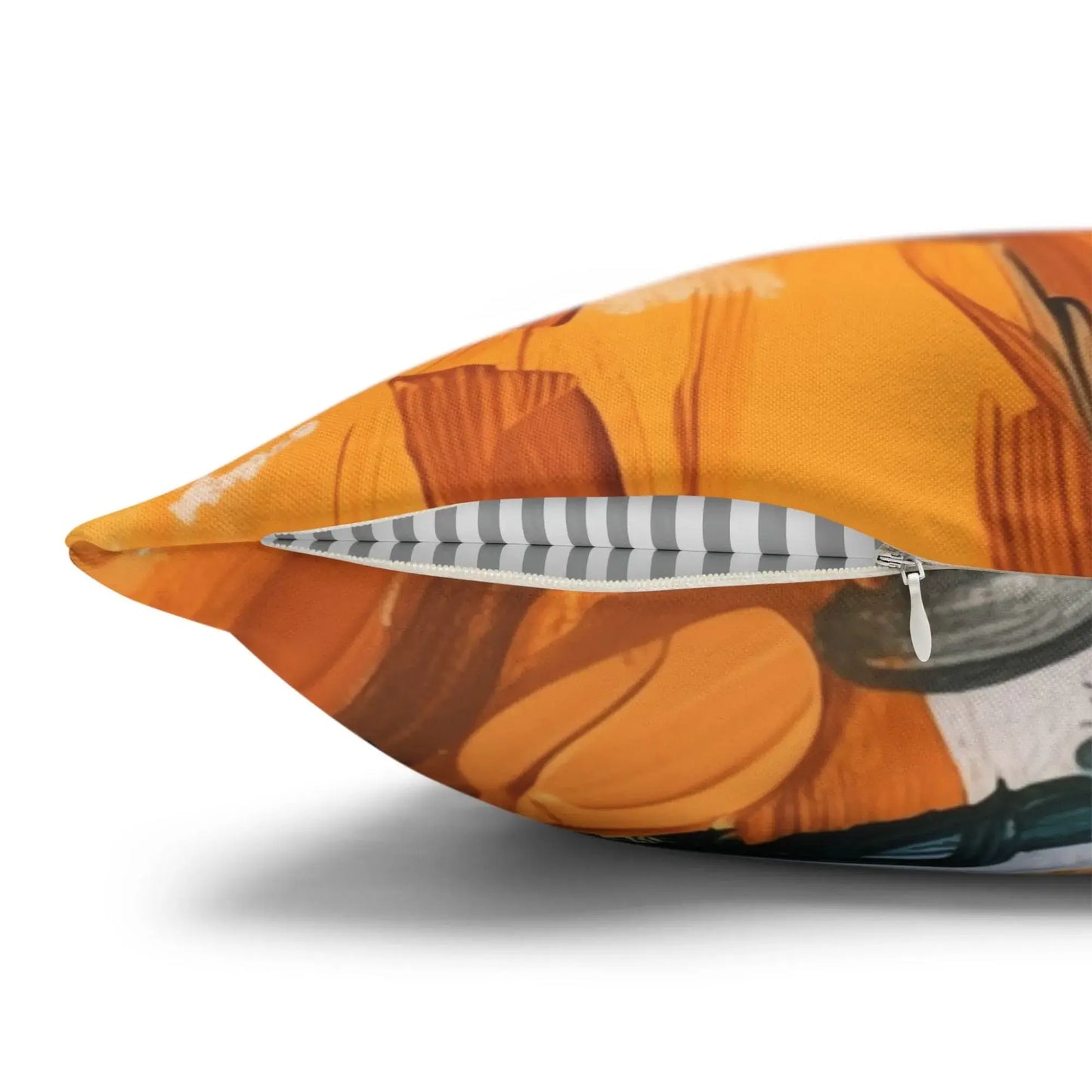 Pumpkins fall pillow cover with vibrant orange pumpkin design and decorative zipper detail.