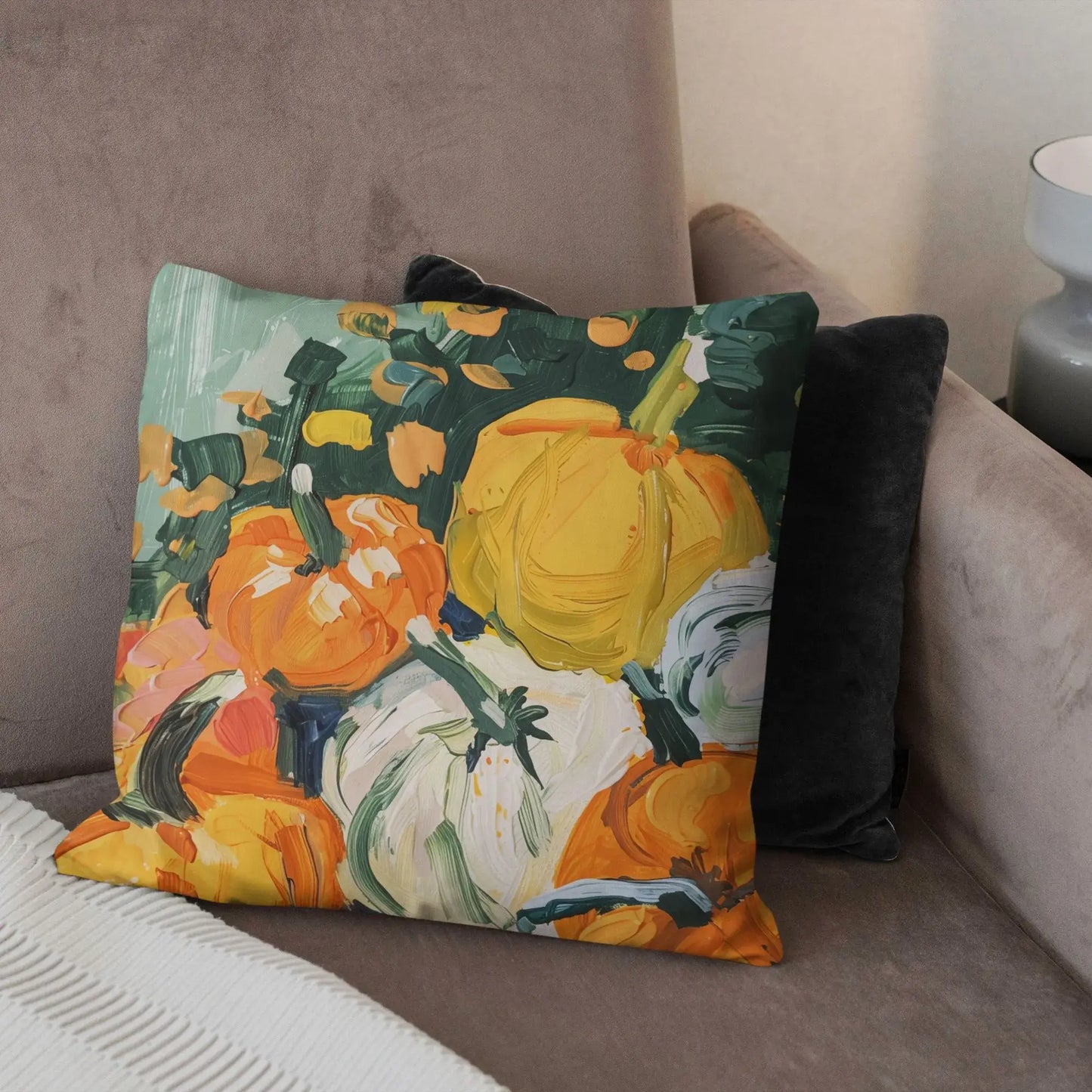 Pumpkins fall pillow cover with vibrant autumn design on a cozy couch, perfect for rustic Thanksgiving decor.