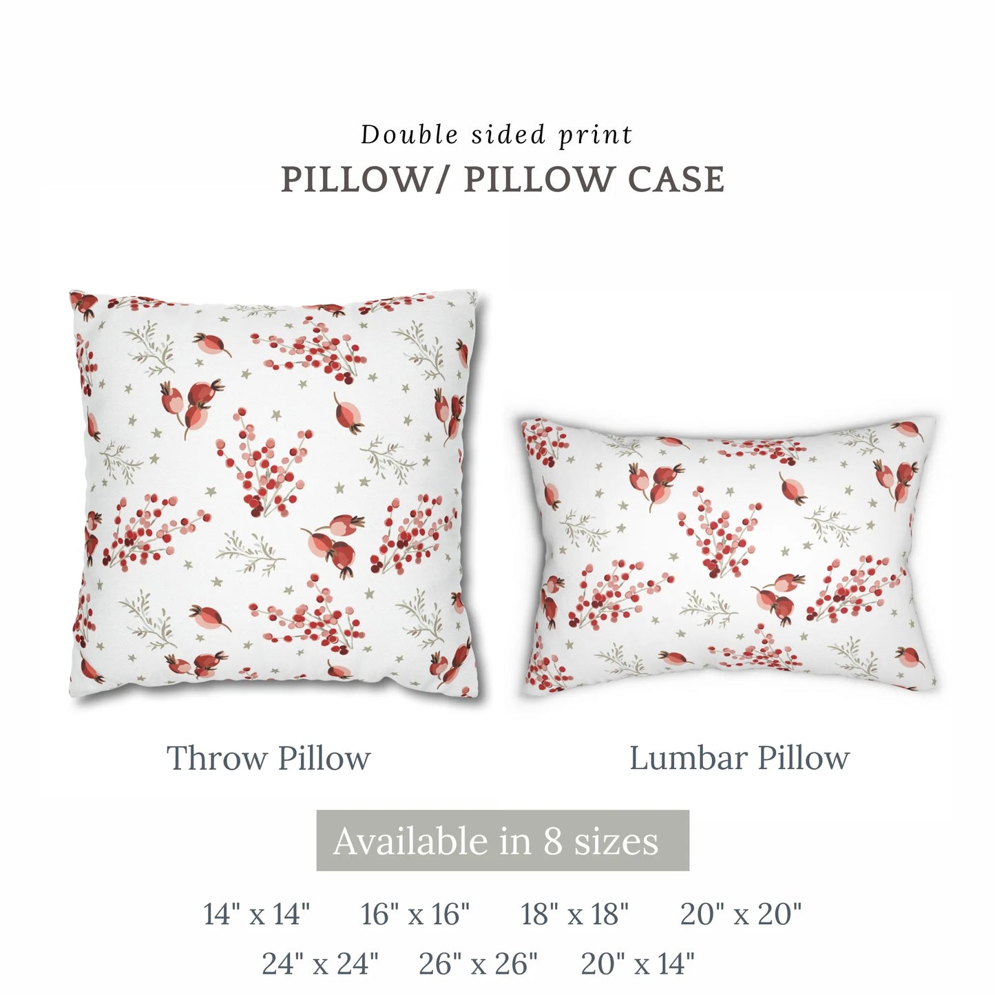Red berry winter botanical throw and lumbar pillows – double-sided design, available in 8 sizes for seasonal decor