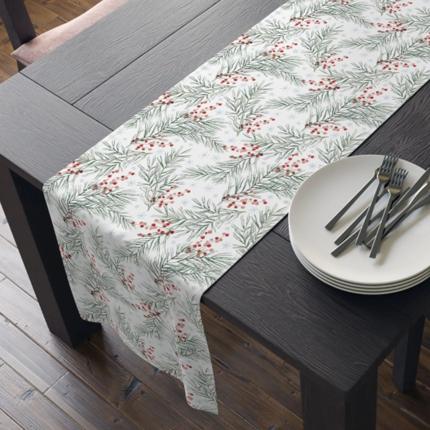 farmhouse dining table with Red Winter Berry Christmas Table Runner on it