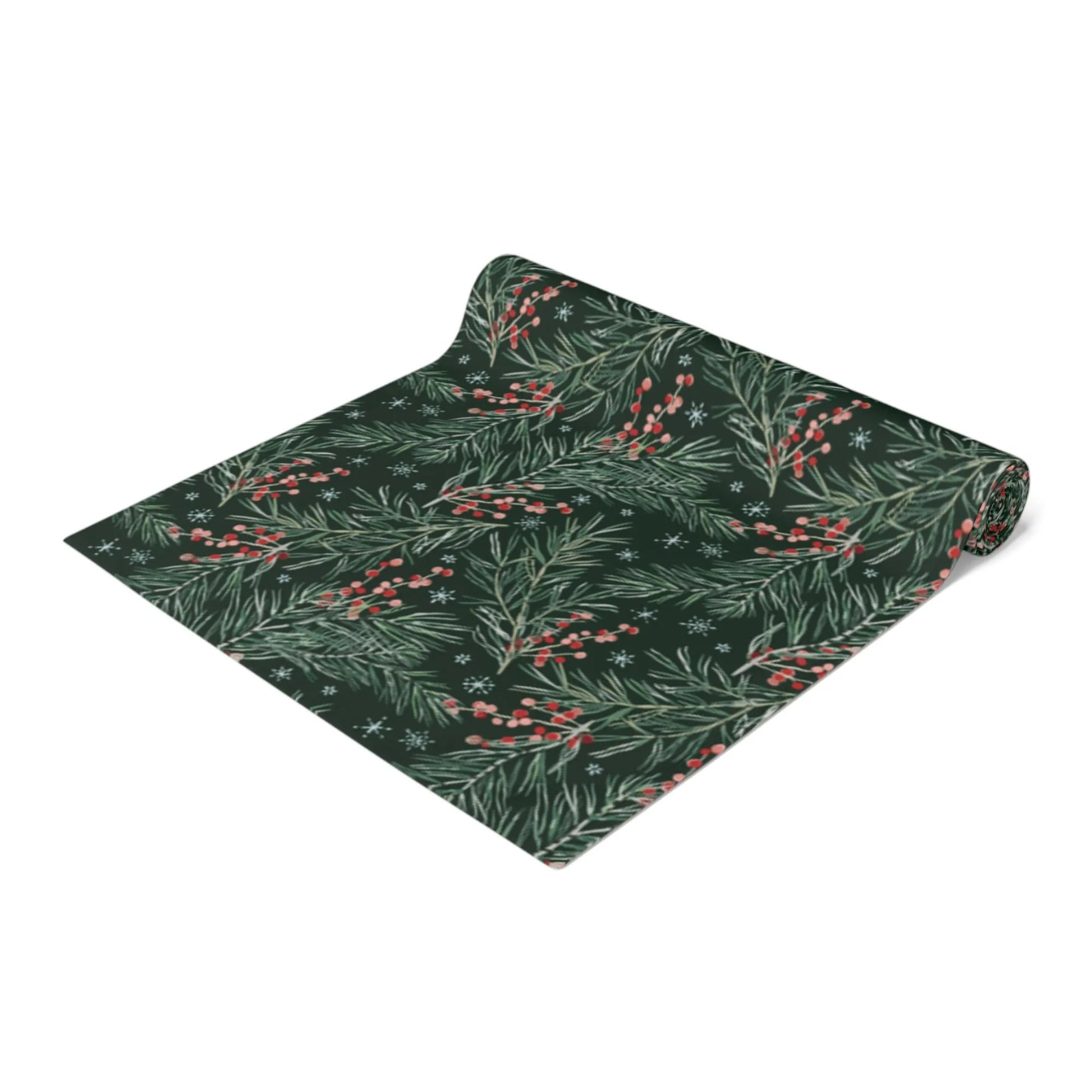 Red Winter Berry Christmas Table Runner - green color
