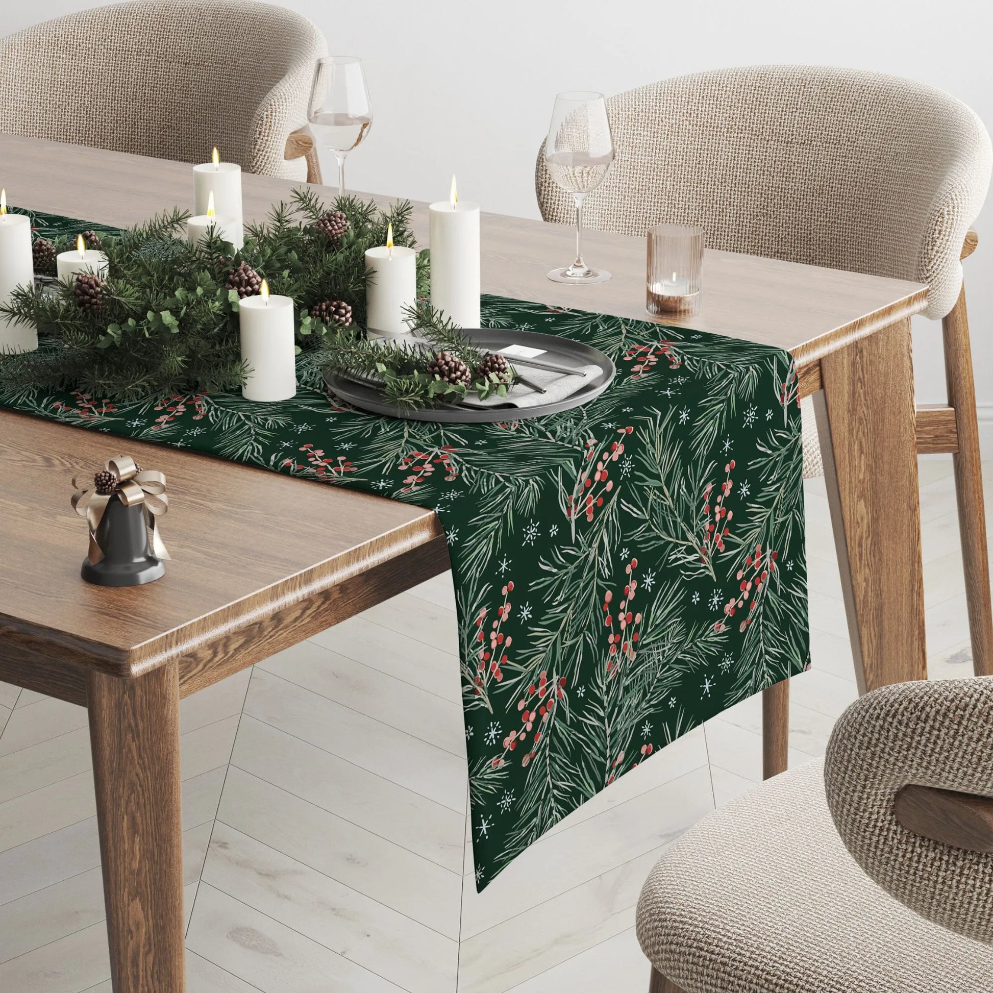 cozy Christmas dining table decorated with Red Winter Berry Christmas Table Runner by Blue Water Songs