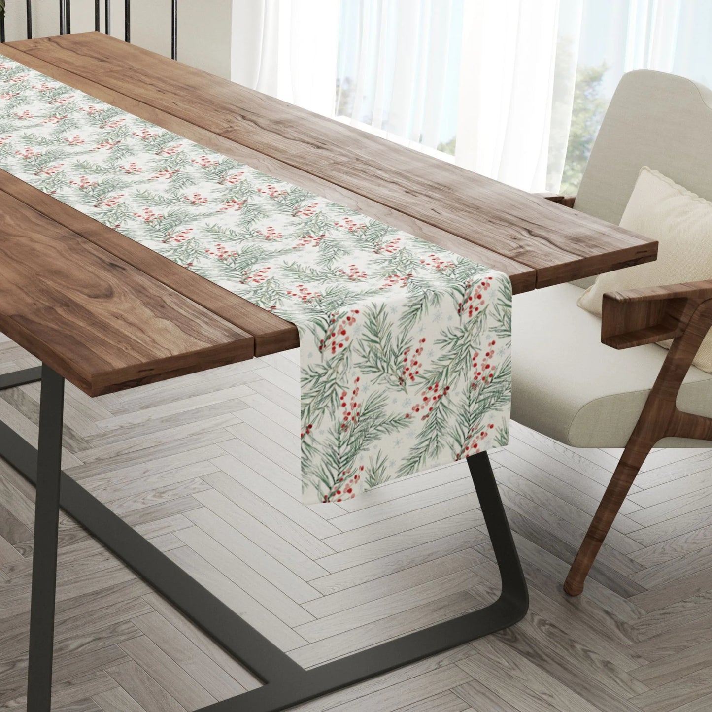 modern dining table with Red Winter Berry Christmas Table Runner on it