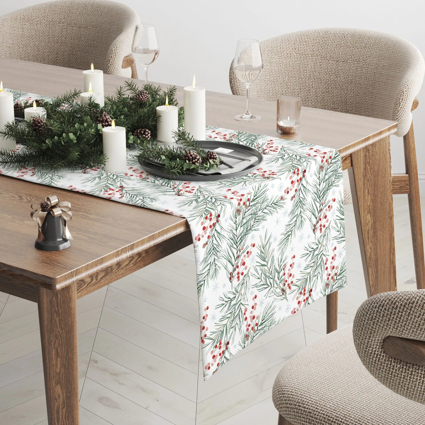 elegant Christmas dinning table with Red Winter Berry Christmas Table Runner by Blue Water Songs