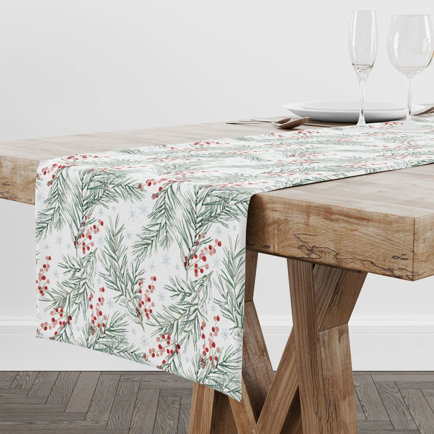 Red Winter Berry Christmas Table Runner on farm style dining table