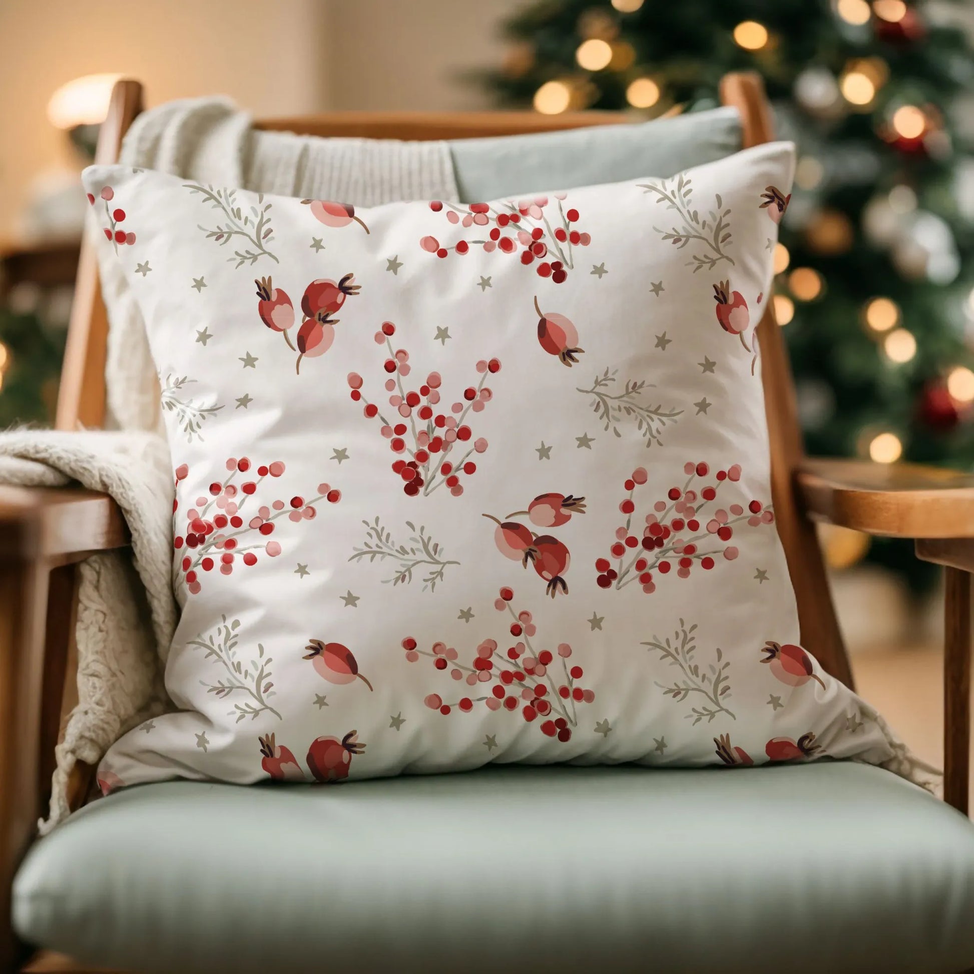 red berry winter pillow from Blue Water Songs with green cushions 
