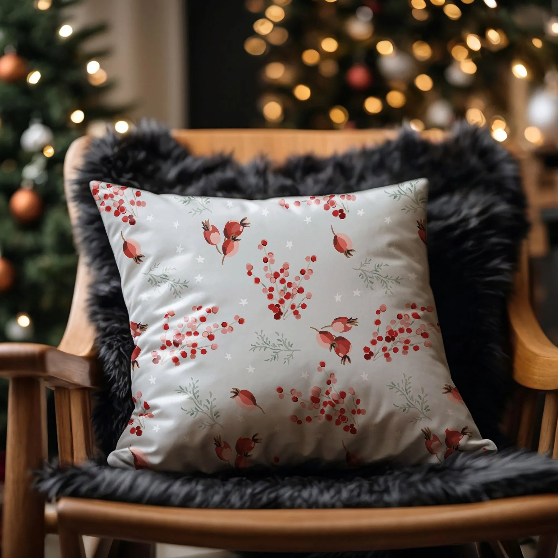 red berry white pillow from Blue Water Songs on dark fur blanket with christmas tree behind