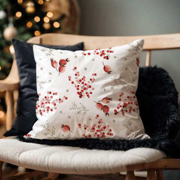 red berry winter pillow from Blue Water Songs on black fur blanket