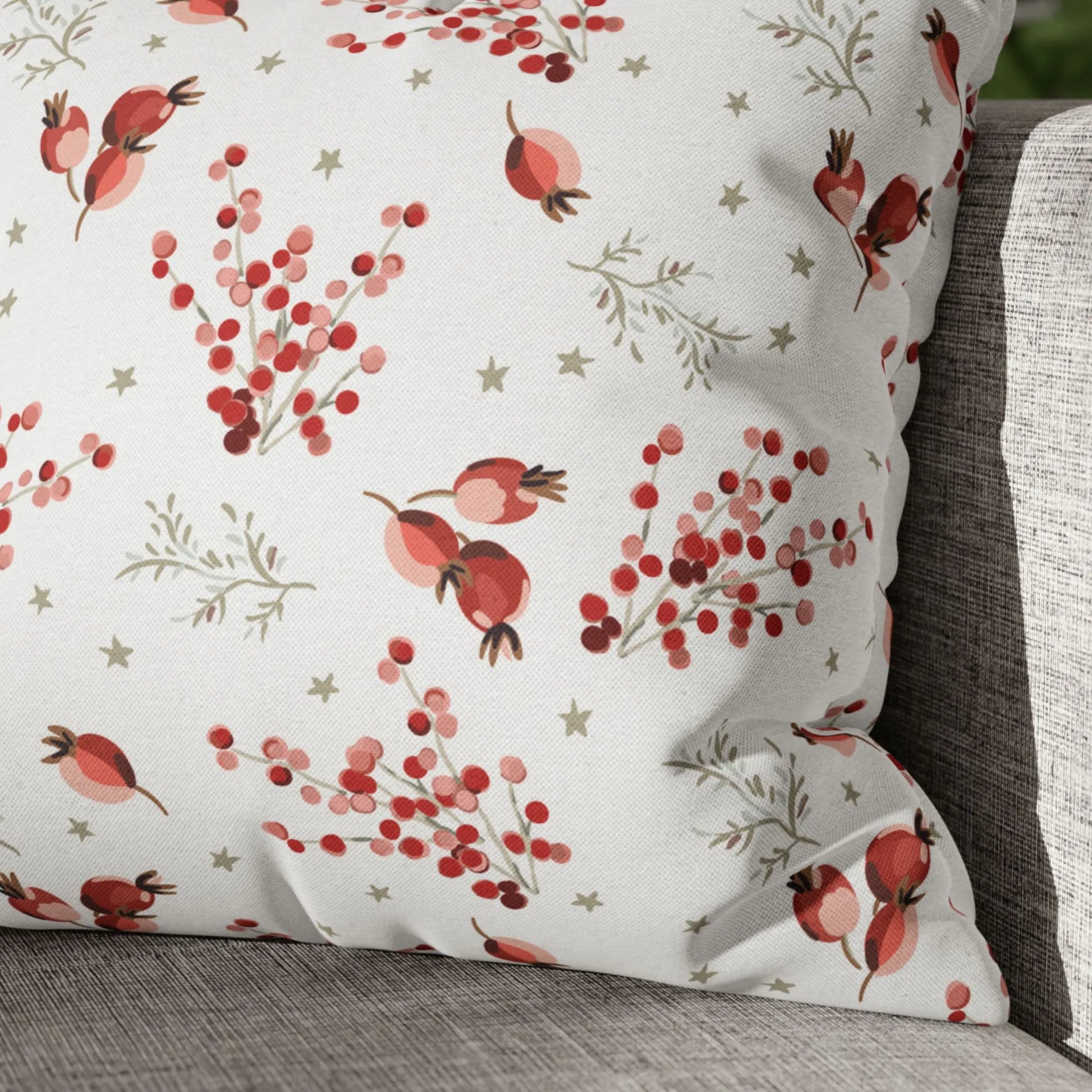 closer up of red berry winter pillow from Blue Water Songs