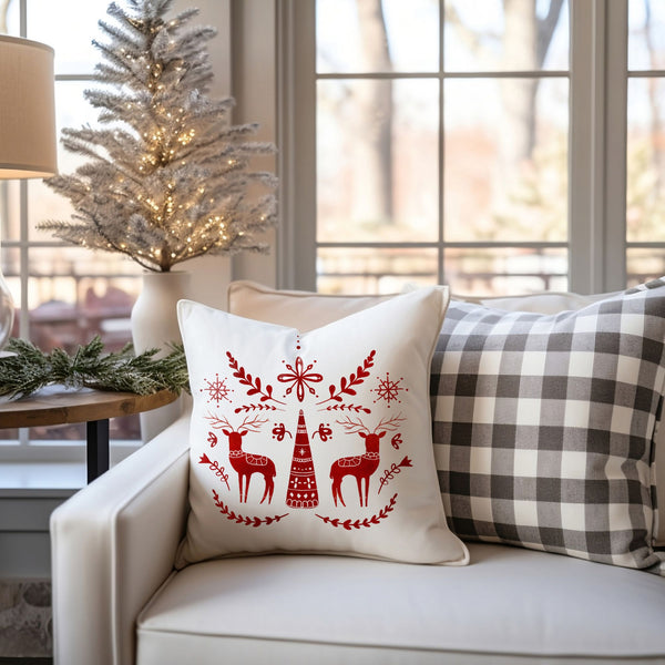 living room decorated with Red Deer Nordic Christmas PILLOW from Blue Water Songs