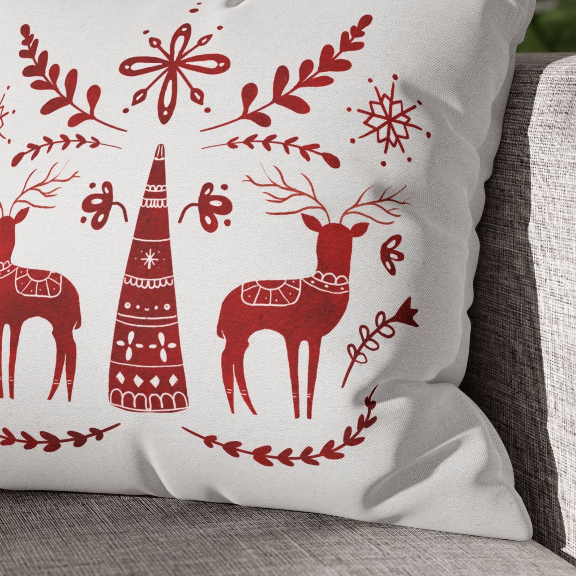 close up of Red Deer Nordic Christmas PILLOW from Blue Water Songs