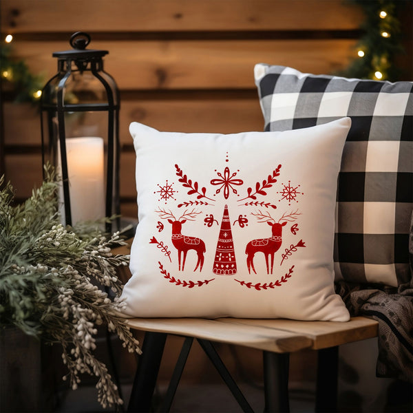 cozy reading corner decorated with Red Deer Nordic Christmas PILLOW from Blue Water Songs