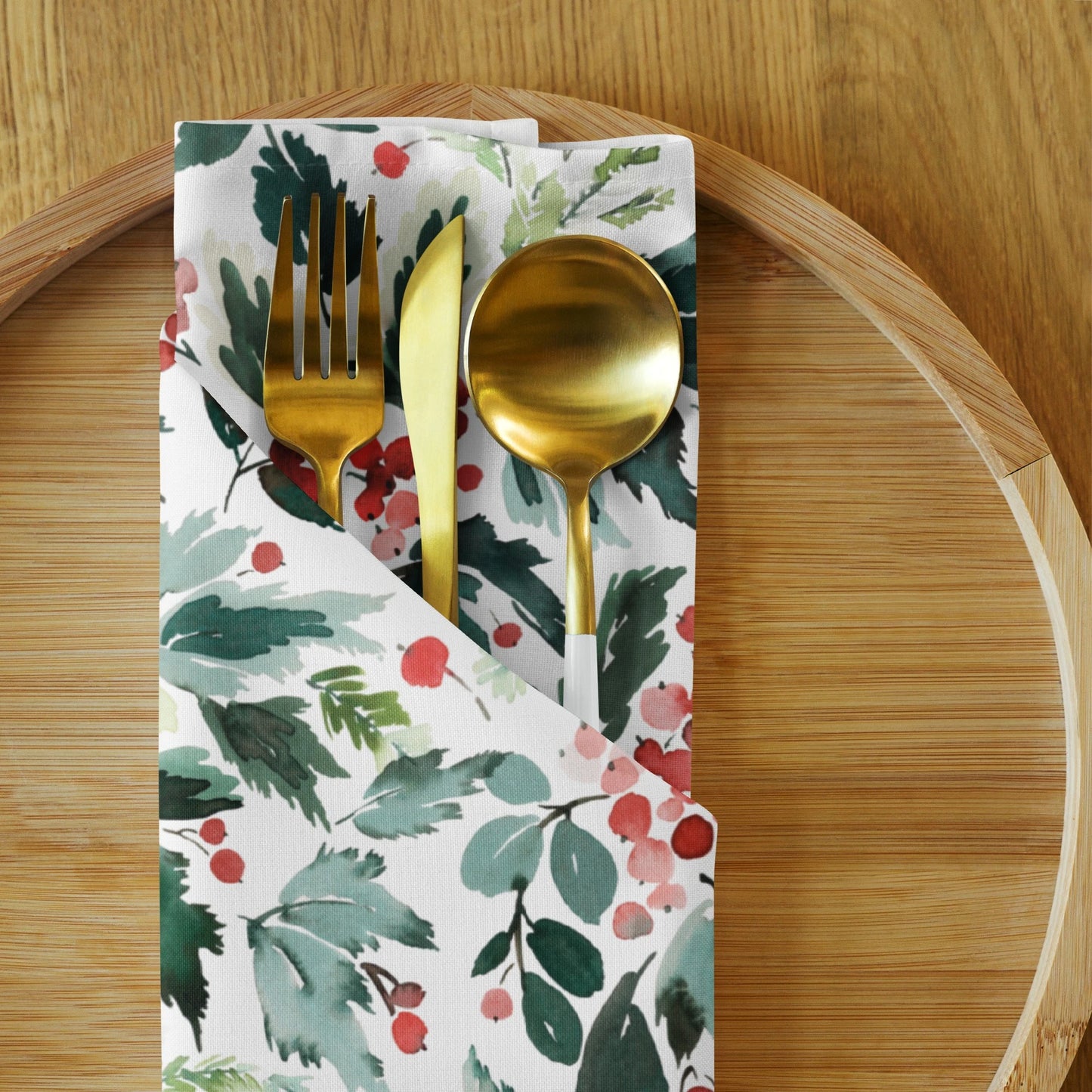 Watercolor Red Holly and Green Leaves Cloth Napkins | WINTER24NAN04