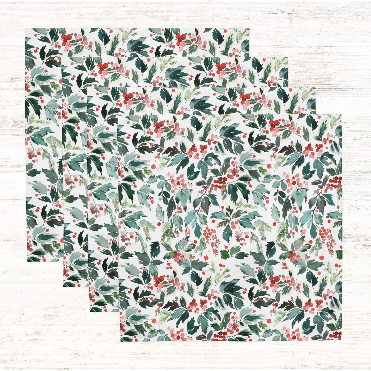 Watercolor Red Holly and Green Leaves Cloth Napkins | WINTER24NAN04