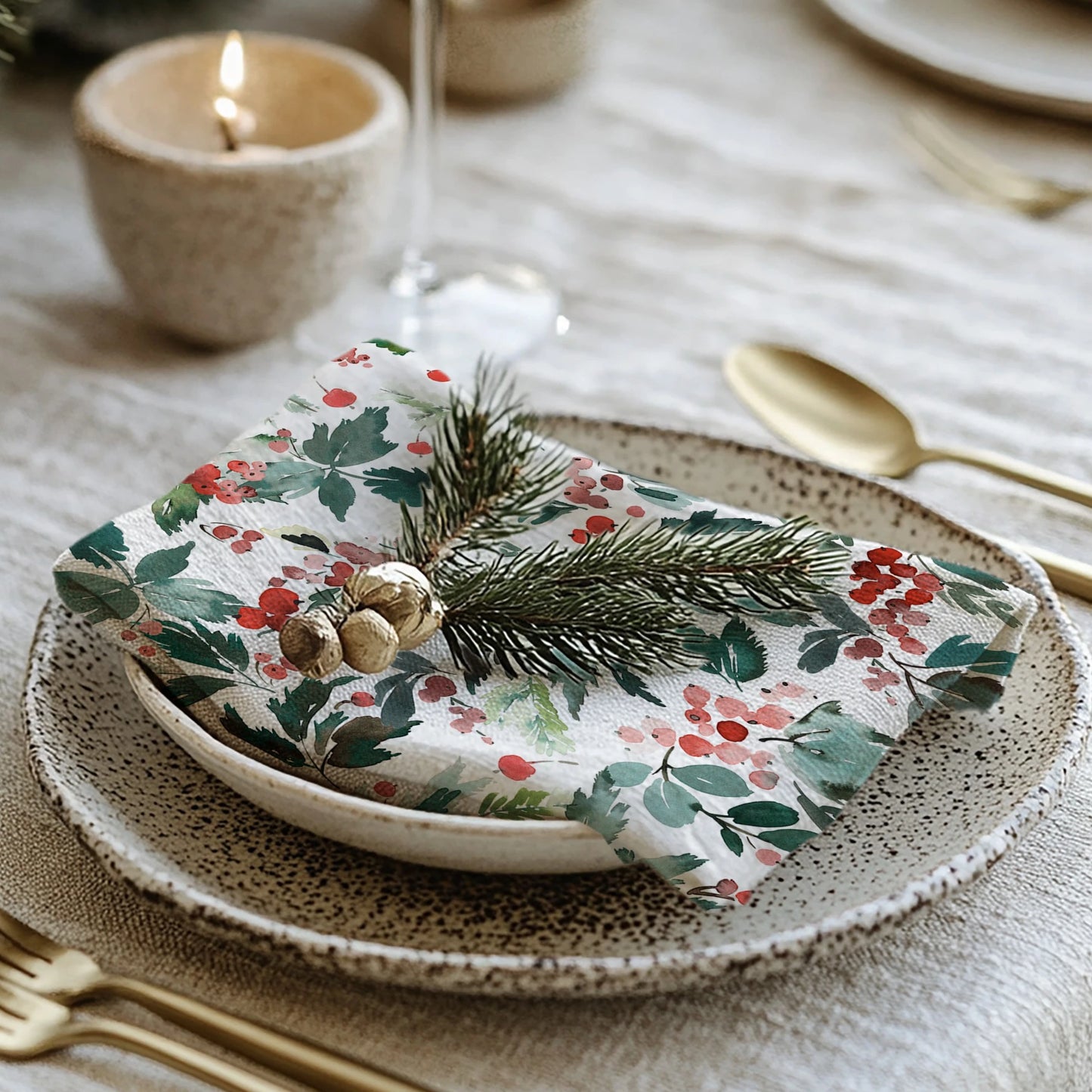 Watercolor Red Holly and Green Leaves Cloth Napkins | WINTER24NAN04