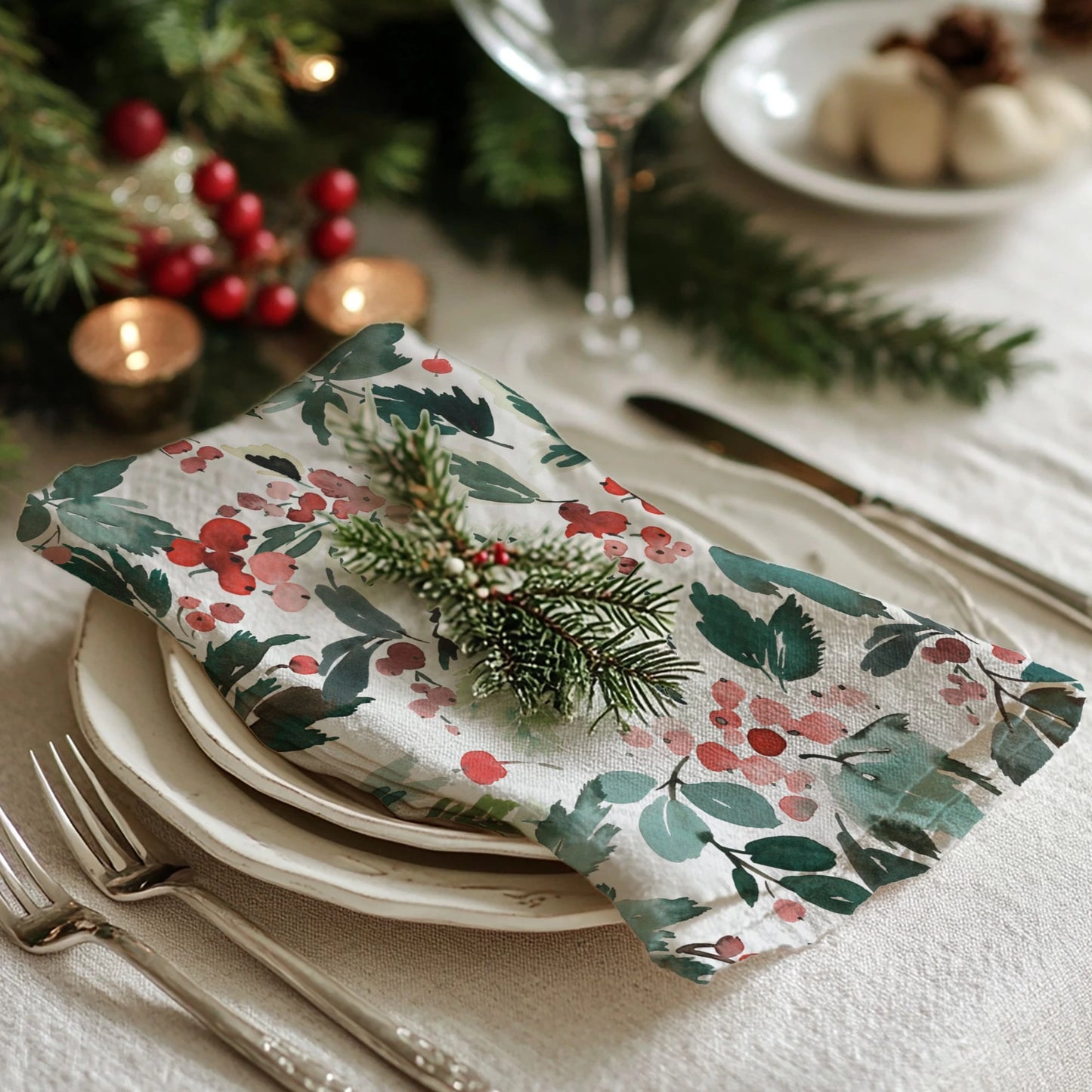 Watercolor Red Holly and Green Leaves Cloth Napkins | WINTER24NAN04