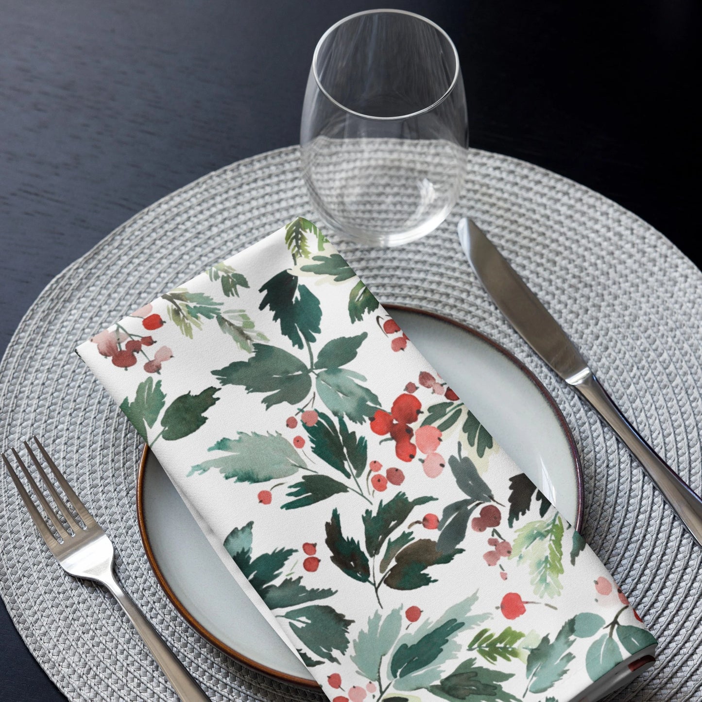 Watercolor Red Holly and Green Leaves Cloth Napkins | WINTER24NAN04