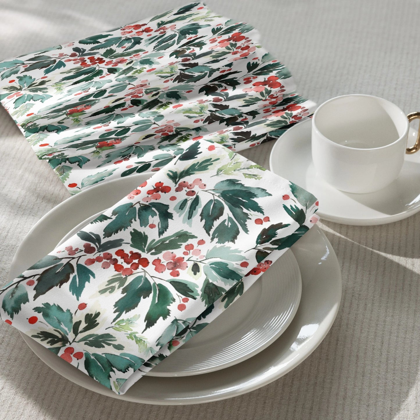 Watercolor Red Holly and Green Leaves Cloth Napkins | WINTER24NAN04