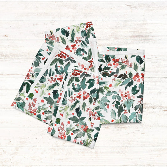 Watercolor Red Holly and Green Leaves Cloth Napkins | WINTER24NAN04