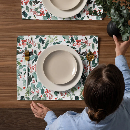 Watercolor Red Holly and Green Leaves Placemats | WINTER24PLT07