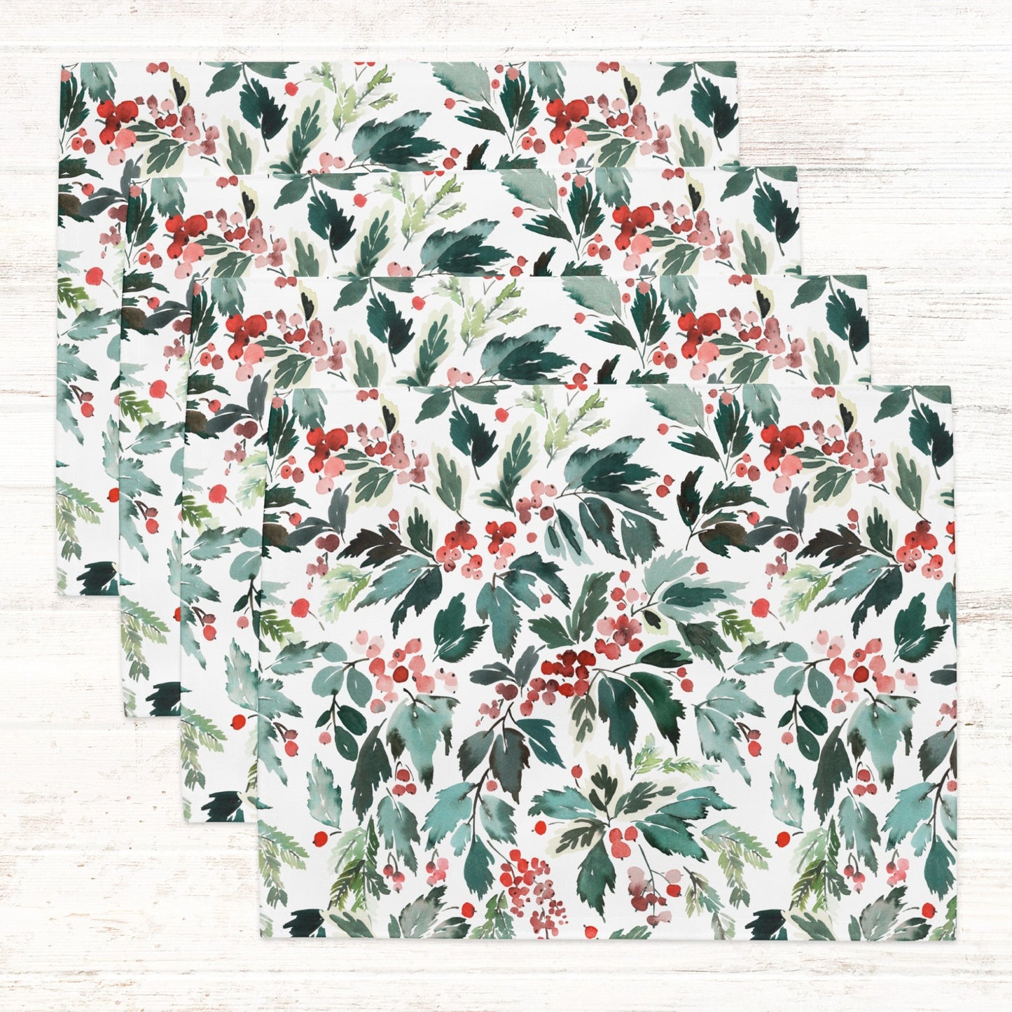 Watercolor Red Holly and Green Leaves Placemats | WINTER24PLT07