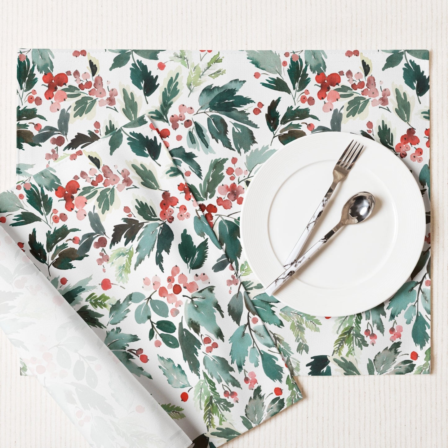 Watercolor Red Holly and Green Leaves Placemats | WINTER24PLT07