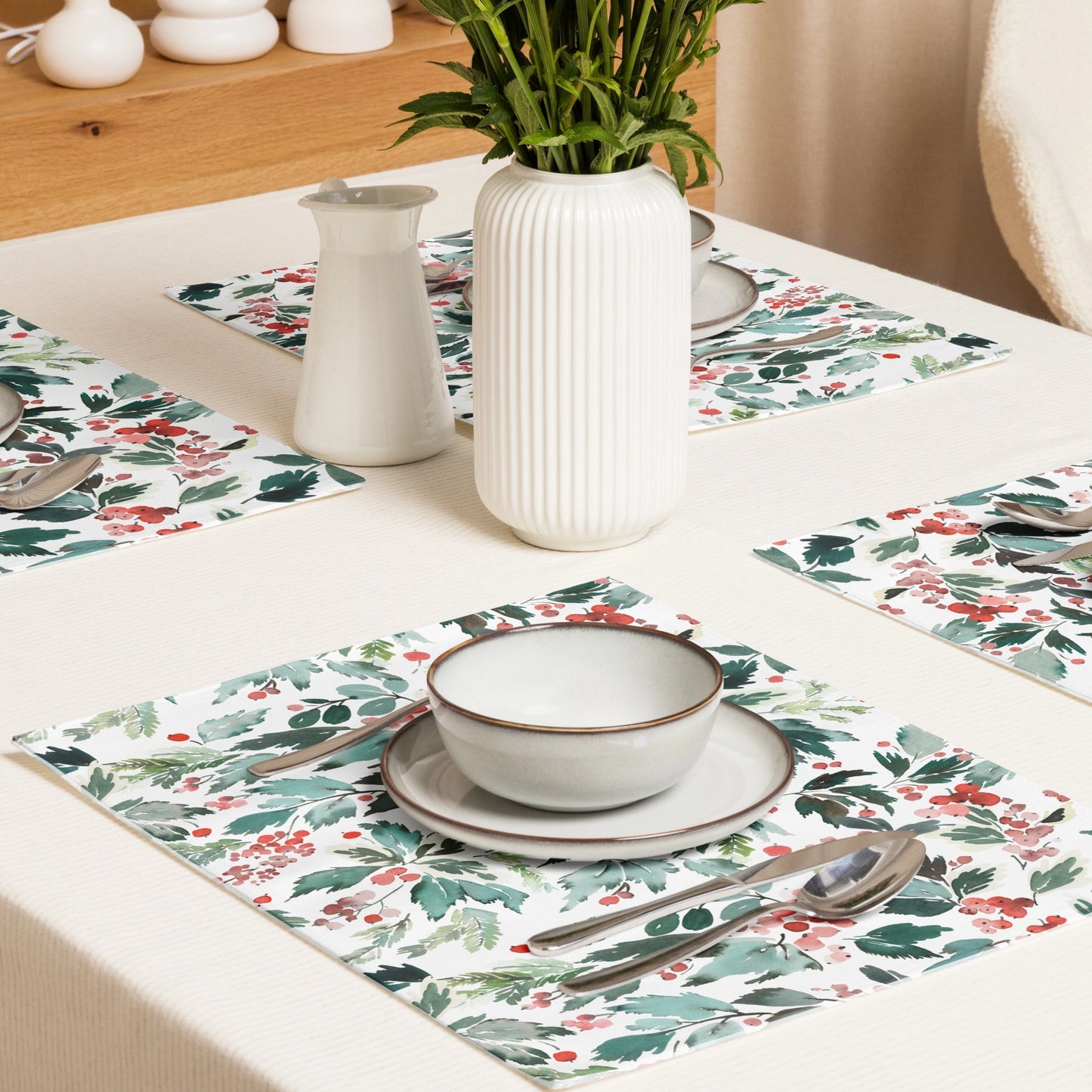 Watercolor Red Holly and Green Leaves Placemats | WINTER24PLT07