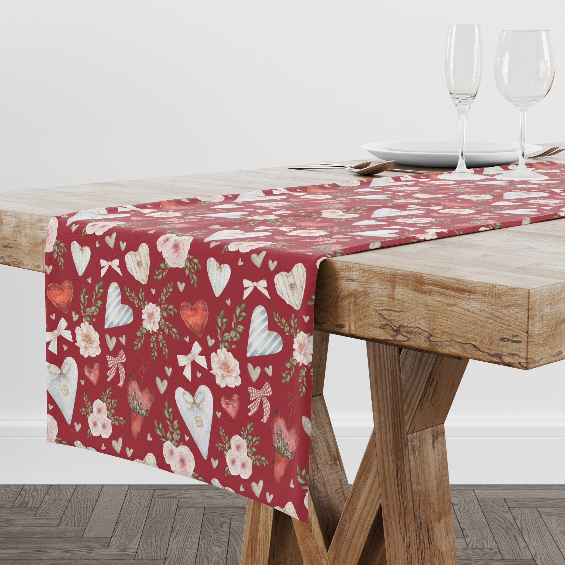 romantic dining table setting with red table runner by Blue Water Songs