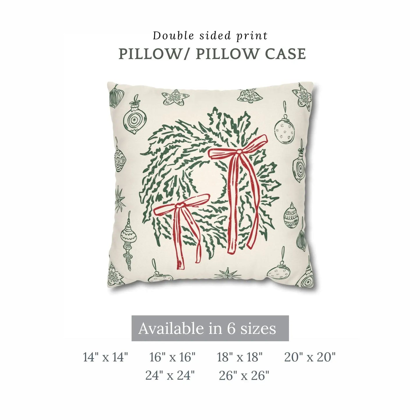 Retro Christmas Pillow with green wreaths and red ribbons, vintage holiday decor available in multiple sizes.