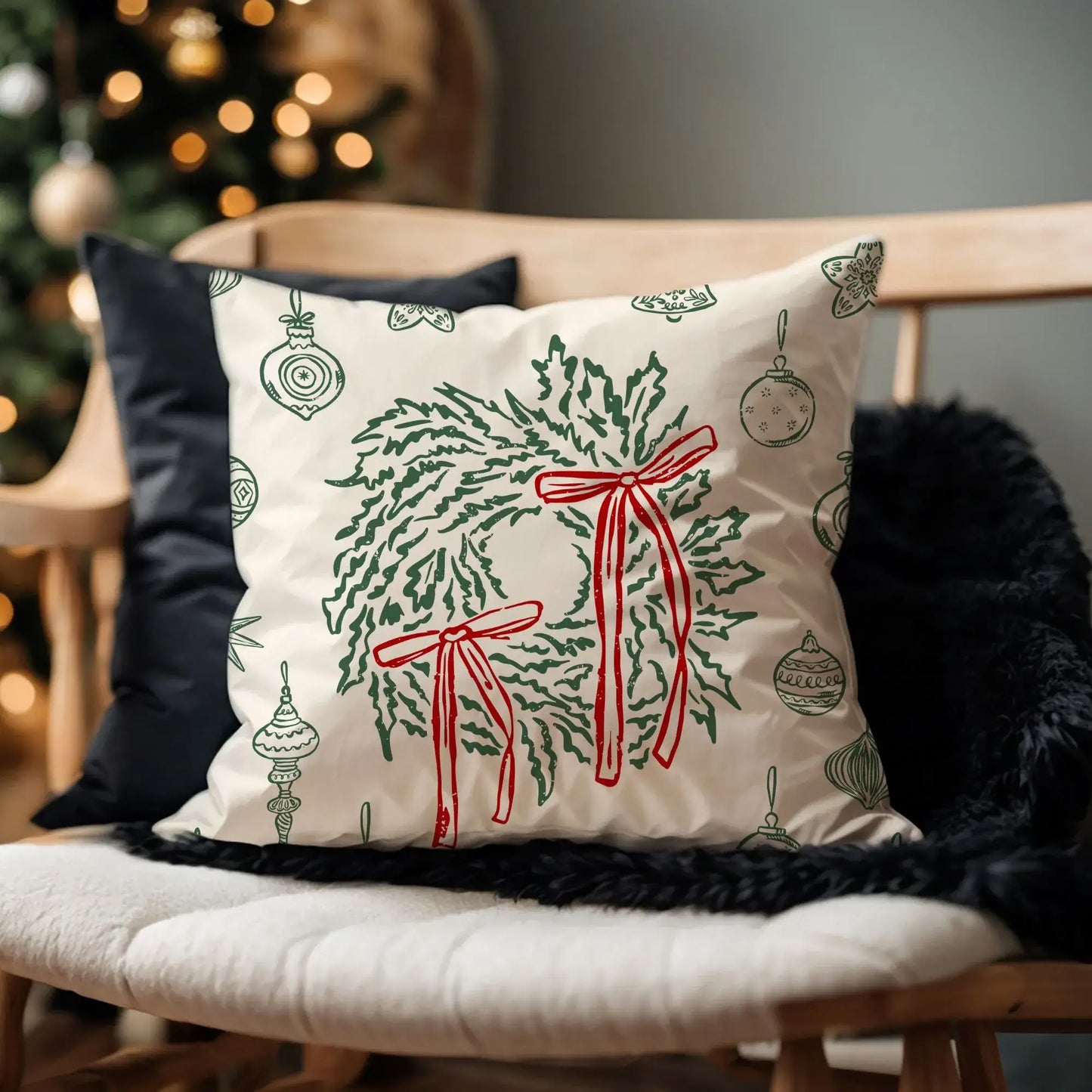Retro Christmas Pillow featuring green wreaths and red bows on ivory fabric, perfect vintage holiday decor.