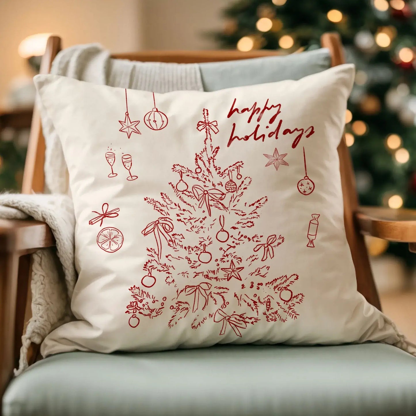 Vintage red Christmas tree pillow cover styled on sofa with charming retro holiday feel