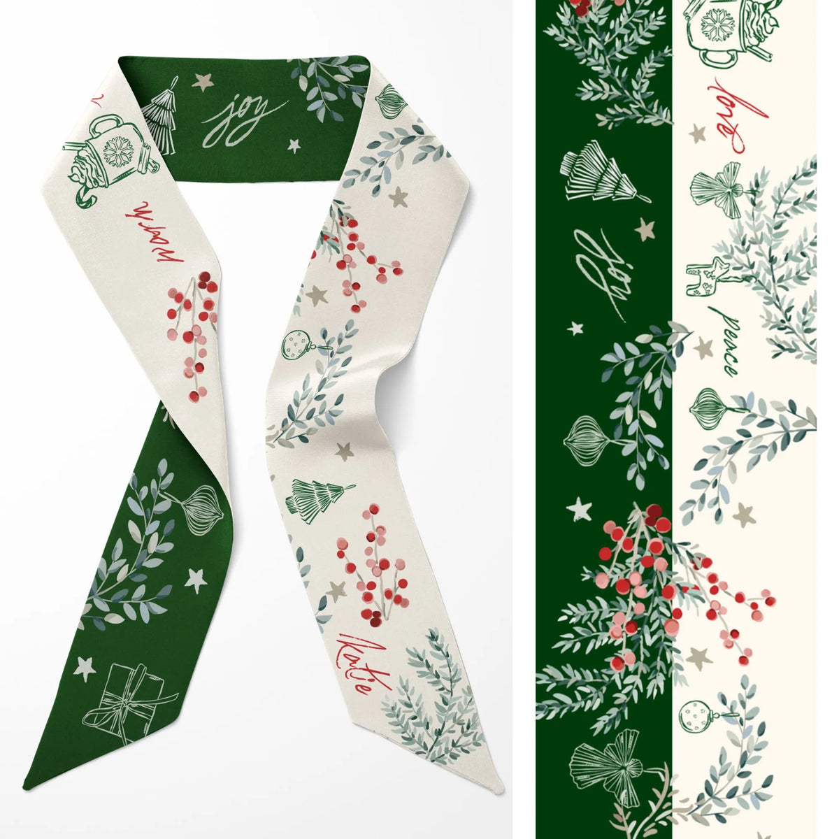 Winter Botanical Silk Ribbon Scarf  – Personalized Christmas Gift