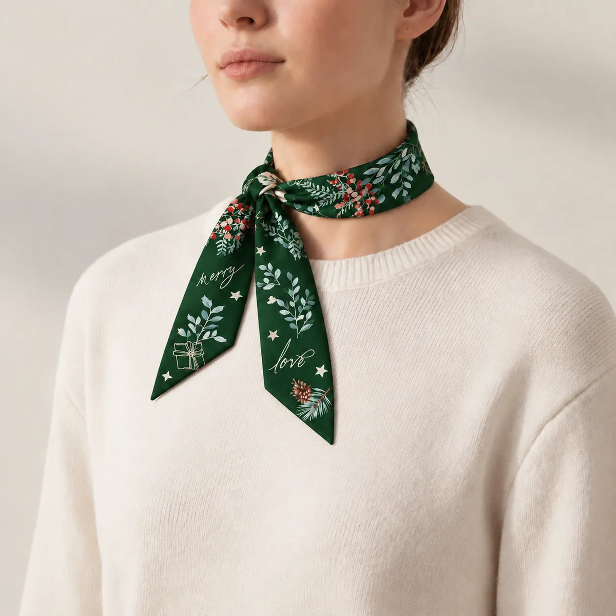 Winter Botanical Silk Ribbon Scarf  – Personalized Christmas Gift