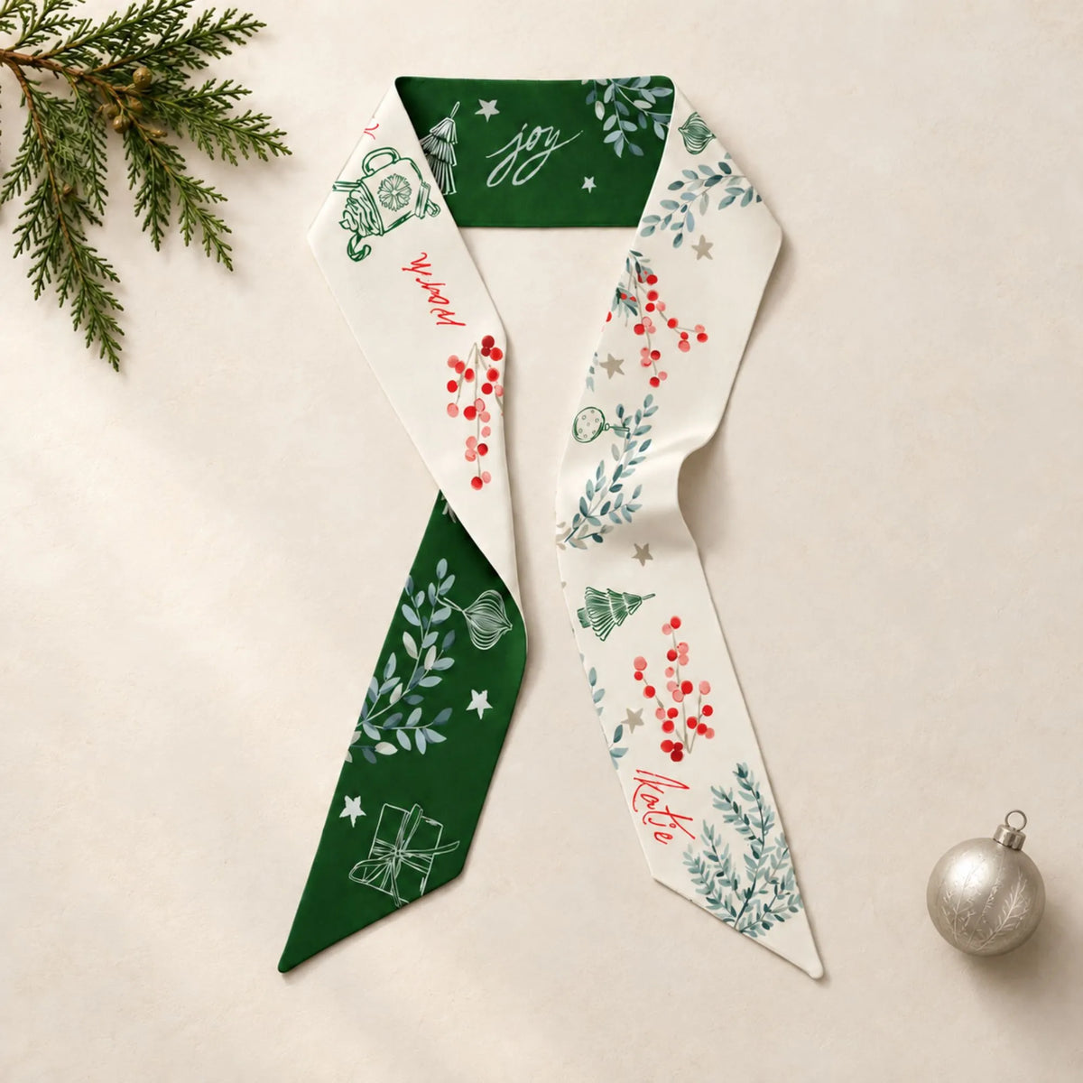 Winter Botanical Silk Ribbon Scarf  – Personalized Christmas Gift