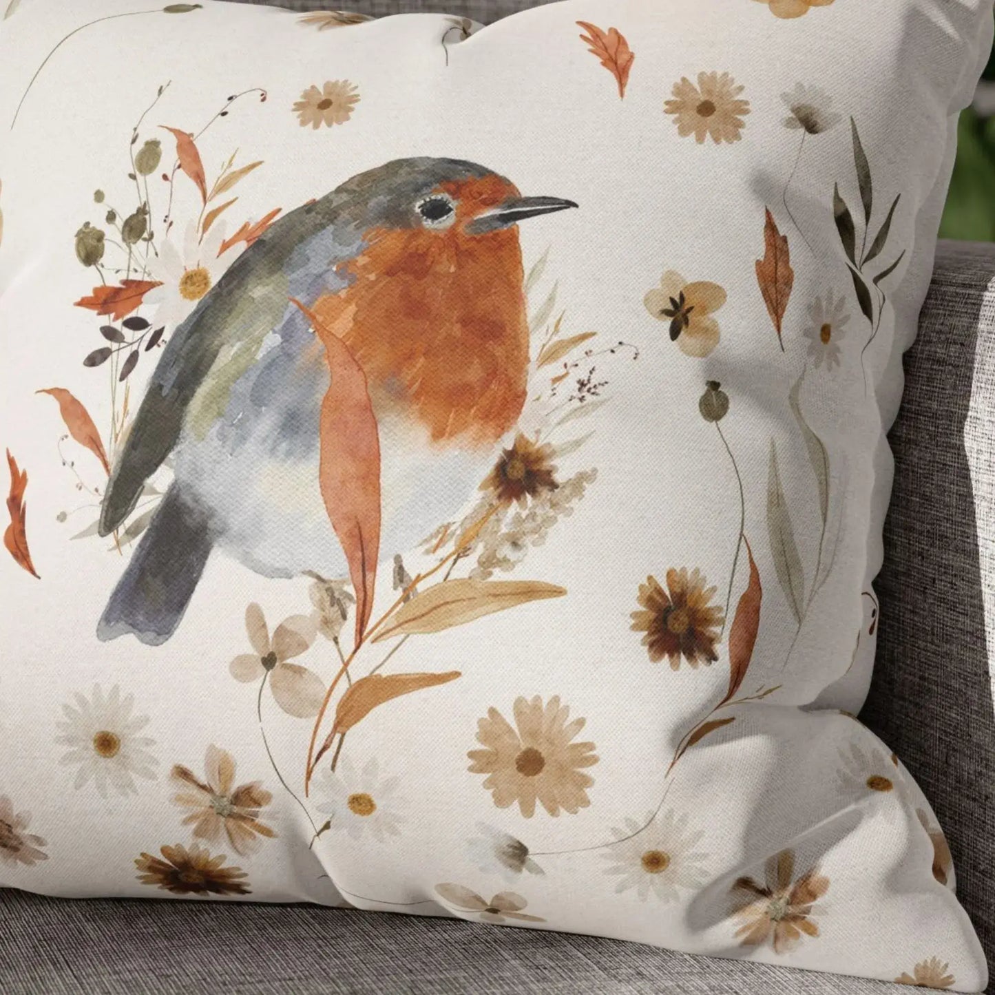 Close-up of Robin Bird Fall Pillow Cover with autumn wildflowers 