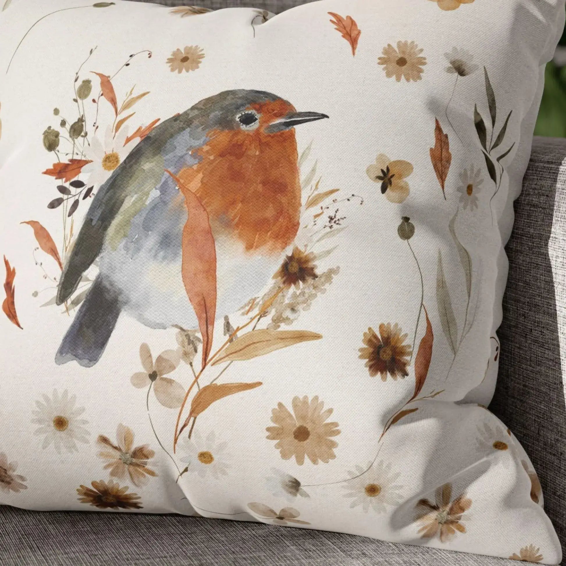 Close-up of Robin Bird Fall Pillow Cover with autumn wildflowers 
