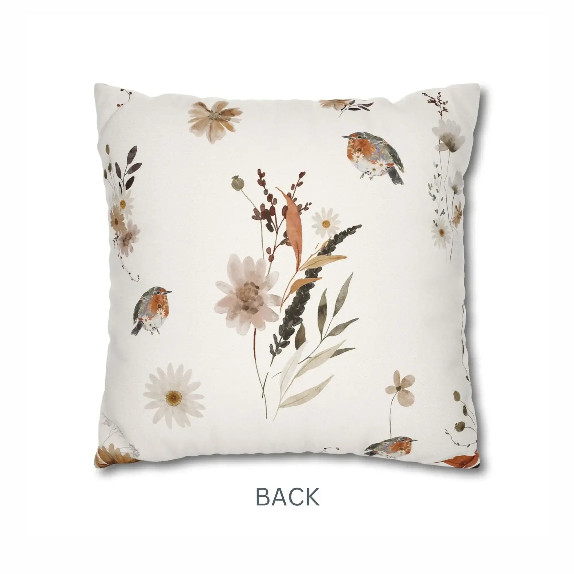 Robin Bird Fall Pillow Cover with floral and bird design on a white background