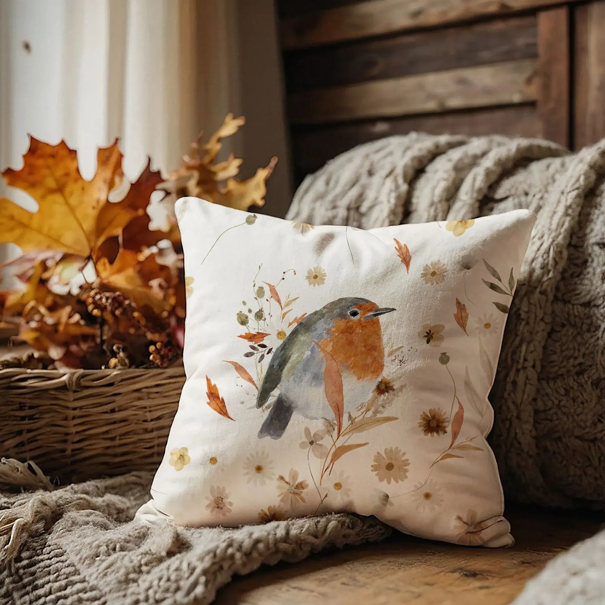 Robin bird fall pillow covers with fall wildflowers on rustic blanket and basket – cozy autumn home decor cushion