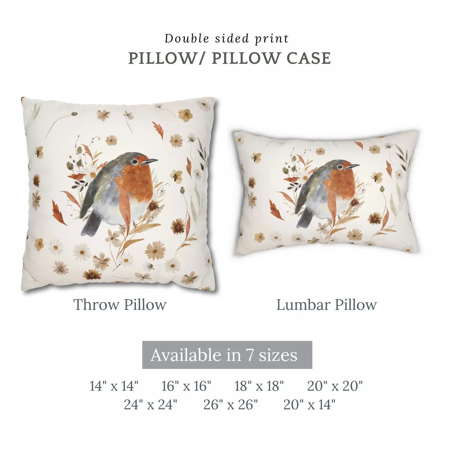 Robin Bird Fall Pillow Cover in multiple sizes