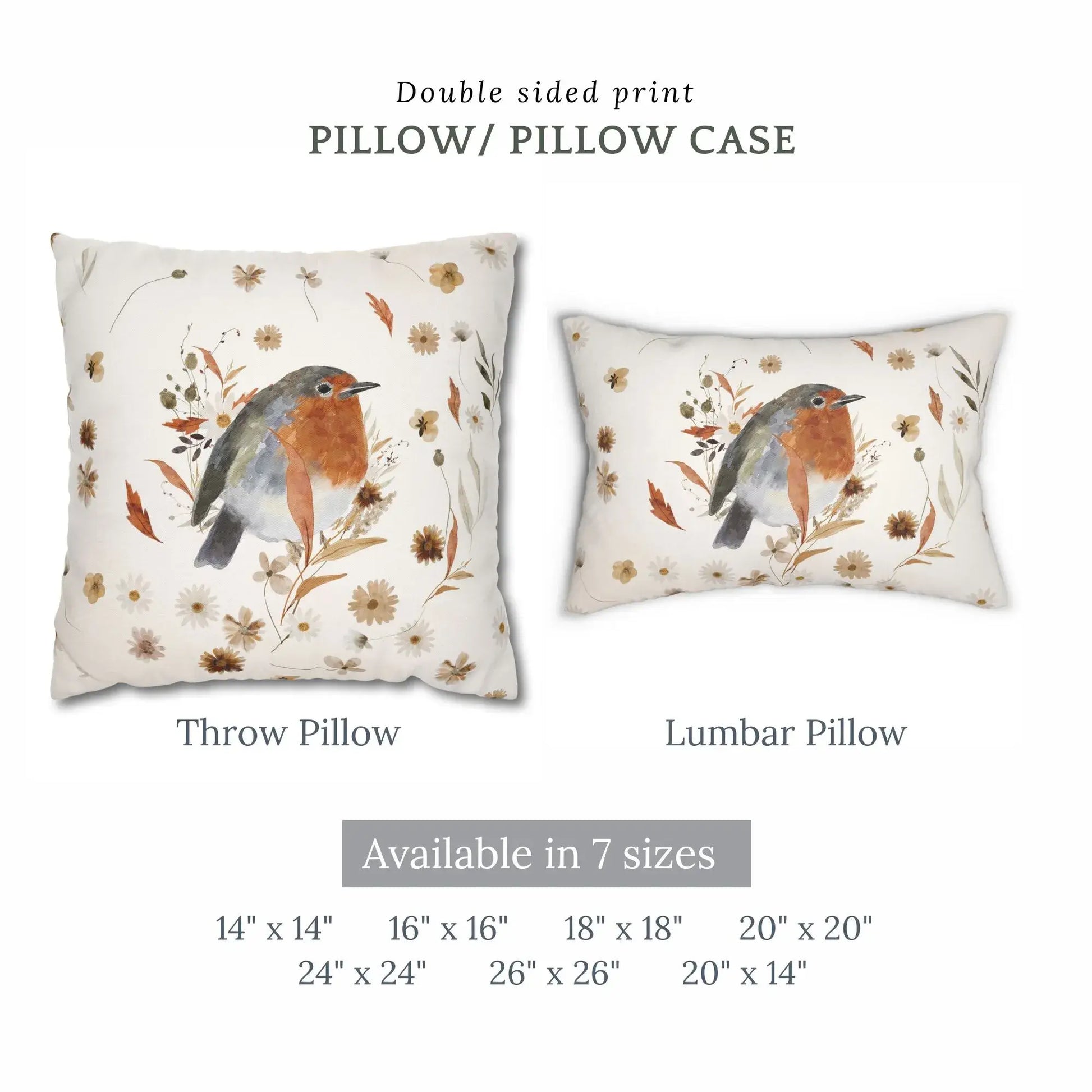 Robin Bird Fall Pillow Cover in multiple sizes