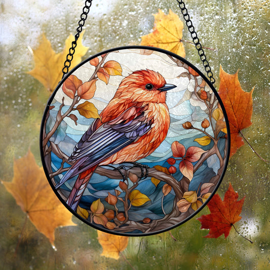 Autumn Bird and Leaves Round Stained Glass Ornament | FALL24RSG15