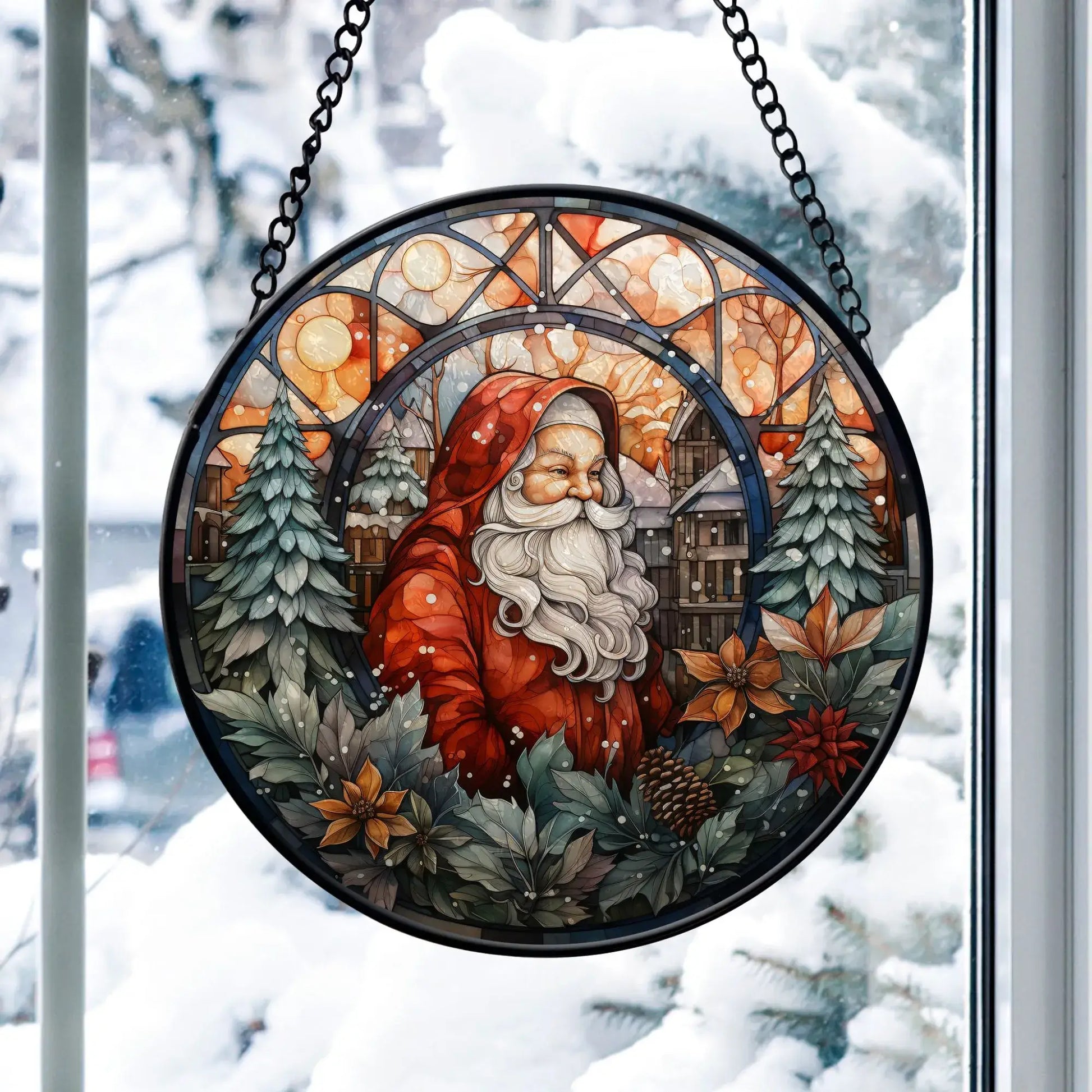 Santa Claus Stained Glass Ornament hanging in a snowy window, featuring festive colors and holiday charm.
