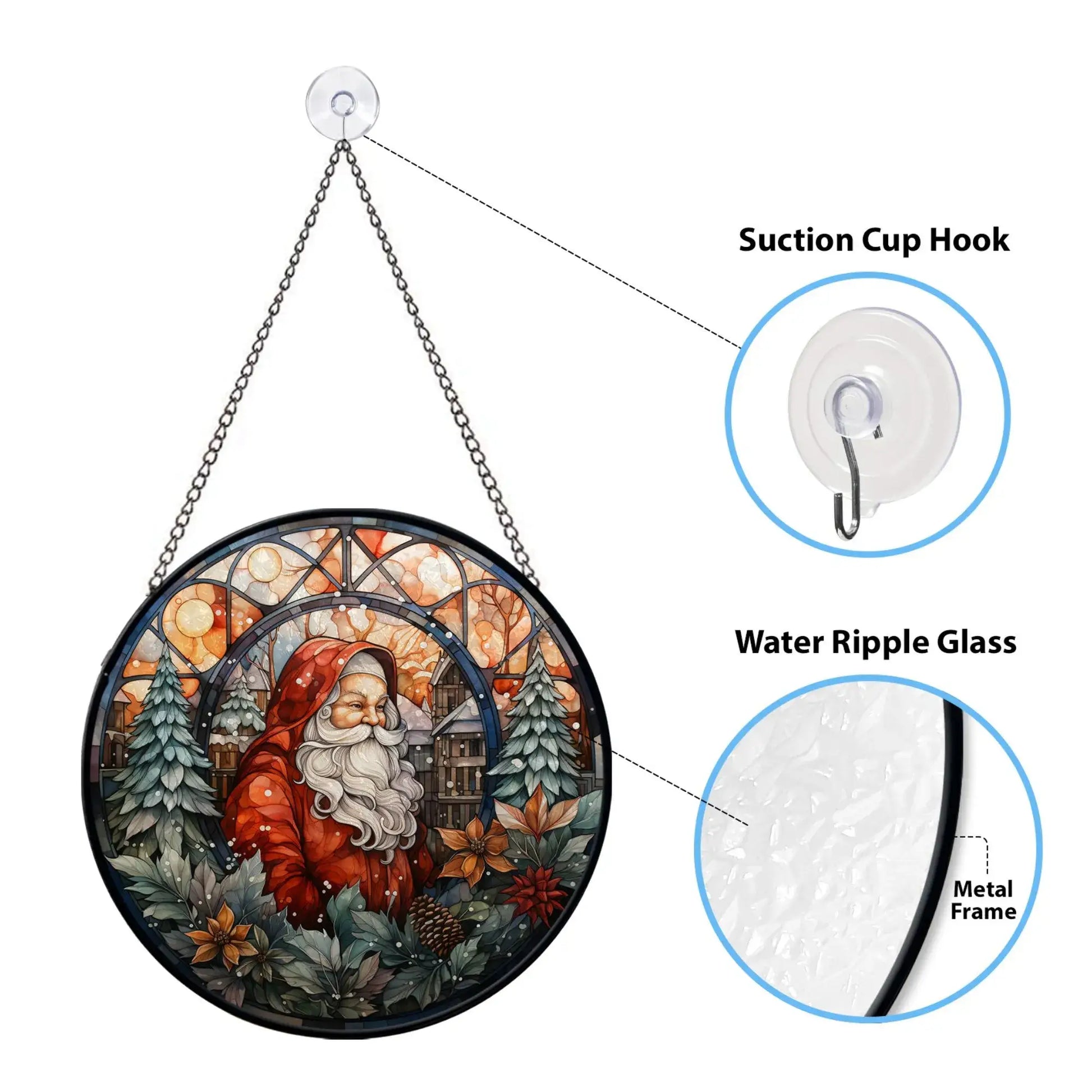 Santa Claus Stained Glass Ornament with metal frame, water ripple glass, and suction cup hook for window decoration.